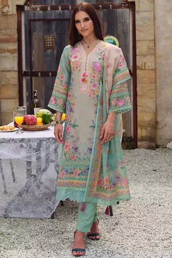 Floral Embroidered Beads and Stones Straight Kurta With Trousers & Dupatta