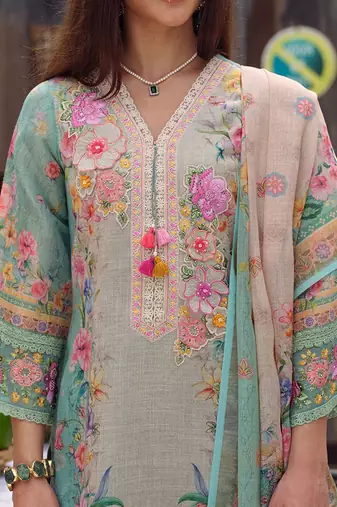 Floral Embroidered Beads and Stones Straight Kurta With Trousers & Dupatta