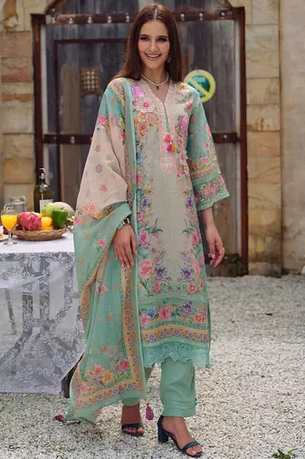 Floral Embroidered Beads and Stones Straight Kurta With Trousers & Dupatta