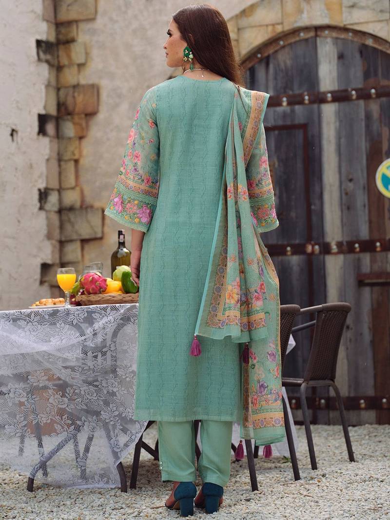Floral Embroidered Beads and Stones Straight Kurta With Trousers & Dupatta