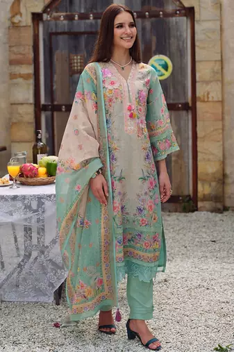 Floral Embroidered Beads and Stones Straight Kurta With Trousers & Dupatta