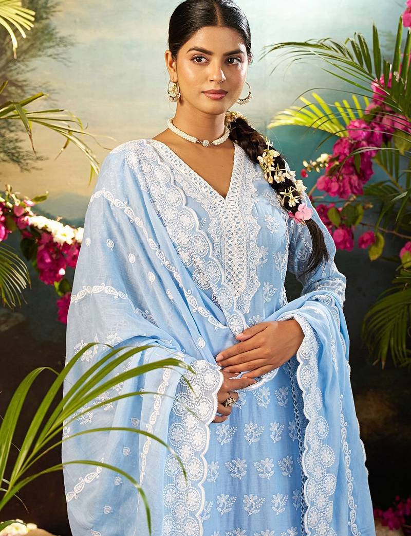 Women Ethnic Motifs Embroidered Thread Work Cotton Kurta with Trousers & Dupatta