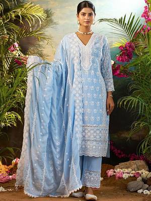 Women Ethnic Motifs Embroidered Thread Work Cotton Kurta with Trousers & Dupatta 2
