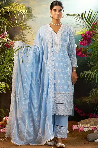 Women Ethnic Motifs Embroidered Thread Work Cotton Kurta with Trousers & Dupatta