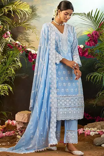Women Ethnic Motifs Embroidered Thread Work Cotton Kurta with Trousers & Dupatta