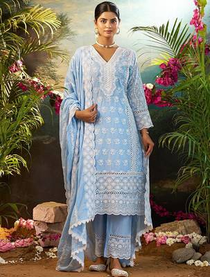 Women Ethnic Motifs Embroidered Thread Work Cotton Kurta with Trousers & Dupatta 5