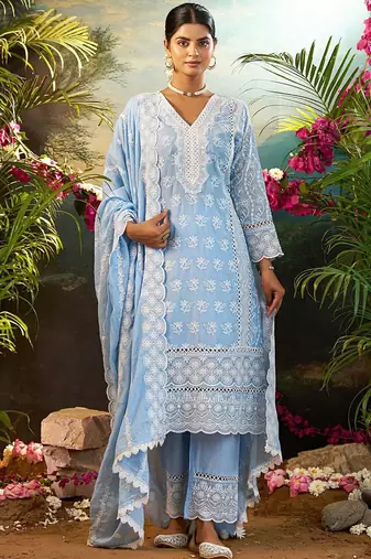 Women Ethnic Motifs Embroidered Thread Work Cotton Kurta with Trousers & Dupatta