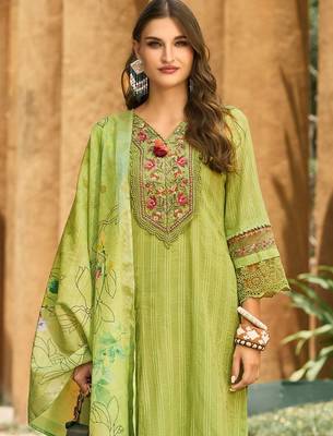 Women Floral Regular Thread Work Linen Kurta with Trousers & With Dupatta 1