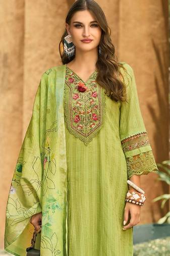 Women Floral Regular Thread Work Linen Kurta with Trousers & With Dupatta