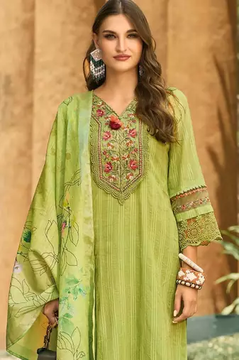 Women Floral Regular Thread Work Linen Kurta with Trousers & With Dupatta