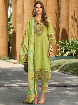 Women Floral Regular Thread Work Linen Kurta with Trousers & With Dupatta 2