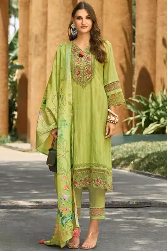 Women Floral Regular Thread Work Linen Kurta with Trousers & With Dupatta
