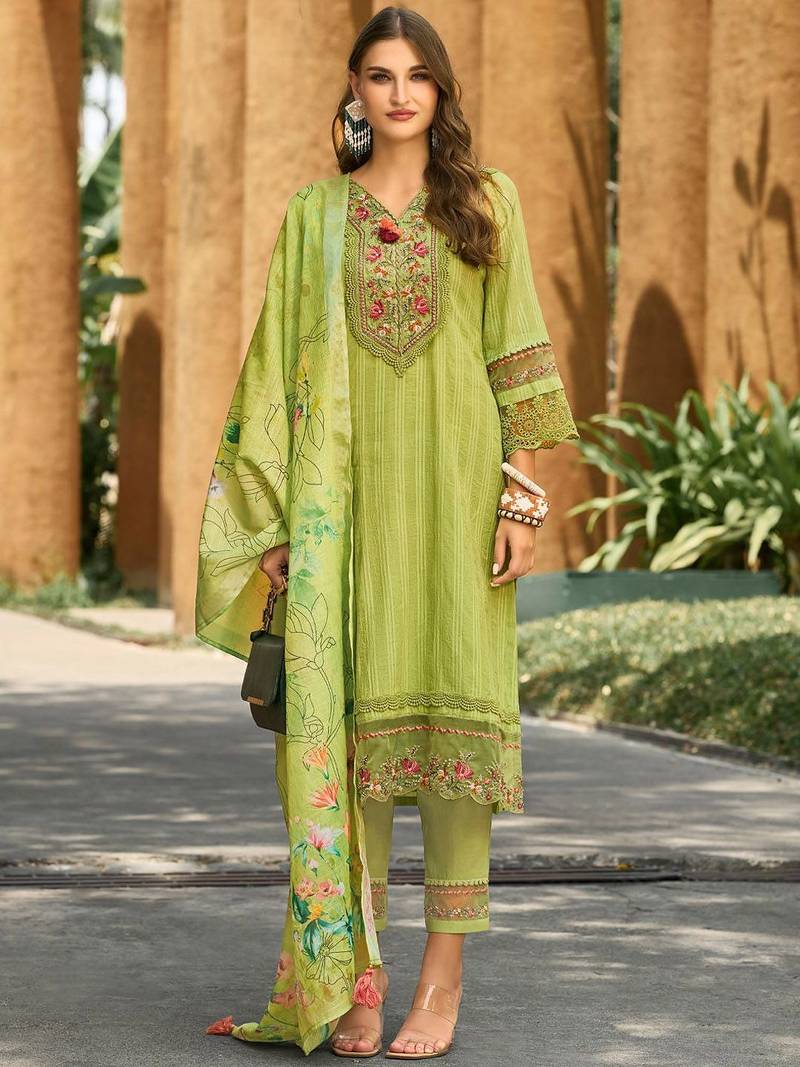 Women Floral Regular Thread Work Linen Kurta with Trousers & With Dupatta