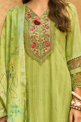 Women Floral Regular Thread Work Linen Kurta with Trousers & With Dupatta
