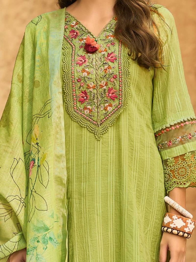 Women Floral Regular Thread Work Linen Kurta with Trousers & With Dupatta