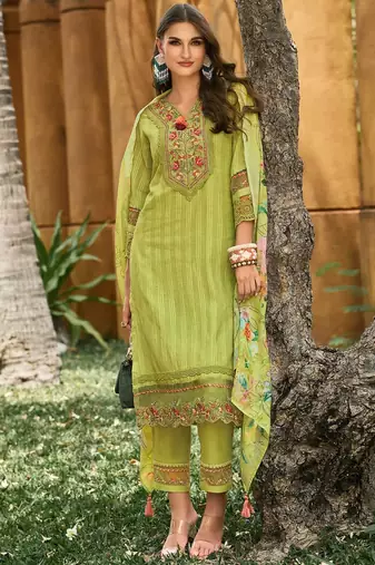 Women Floral Regular Thread Work Linen Kurta with Trousers & With Dupatta