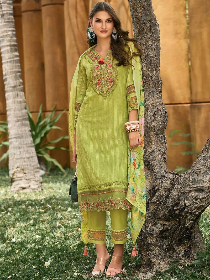 Women Floral Regular Thread Work Linen Kurta with Trousers & With Dupatta