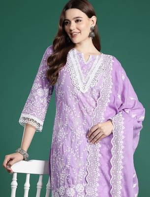 Floral Embroidered Thread Work Pure Cotton Kurta with Trousers & With Dupatta 1