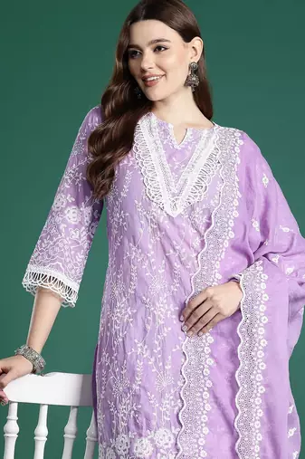 Floral Embroidered Thread Work Pure Cotton Kurta with Trousers & With Dupatta