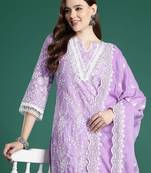 Floral Embroidered Thread Work Pure Cotton Kurta with Trousers & With Dupatta