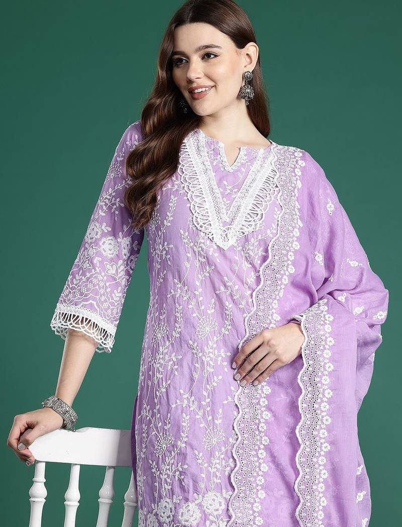 Floral Embroidered Thread Work Pure Cotton Kurta with Trousers & With Dupatta