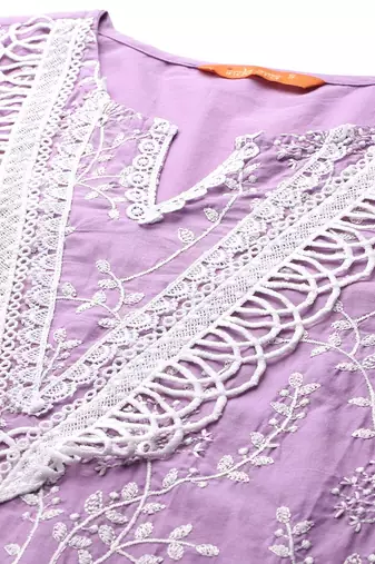 Floral Embroidered Thread Work Pure Cotton Kurta with Trousers & With Dupatta