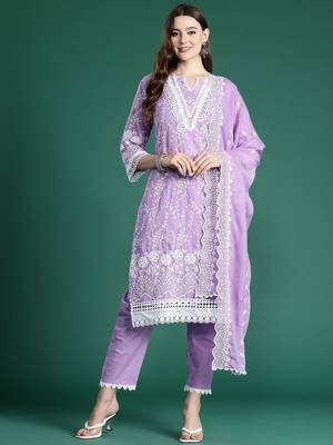 Floral Embroidered Thread Work Pure Cotton Kurta with Trousers & With Dupatta 5