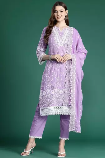 Floral Embroidered Thread Work Pure Cotton Kurta with Trousers & With Dupatta