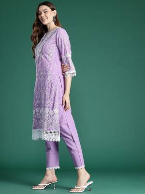 Floral Embroidered Thread Work Pure Cotton Kurta with Trousers & With Dupatta 6