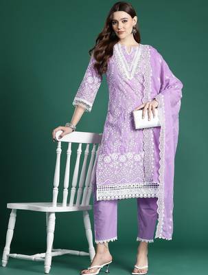 Floral Embroidered Thread Work Pure Cotton Kurta with Trousers & With Dupatta 8