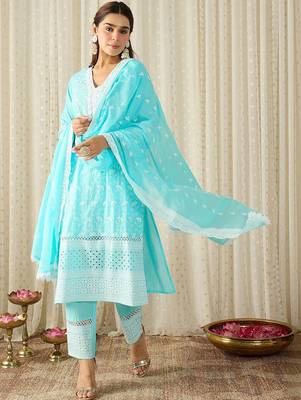 Women Ethnic Motifs Embroidered Regular Chikankari Pure Cotton Kurta with Trousers & With Dupatta 1