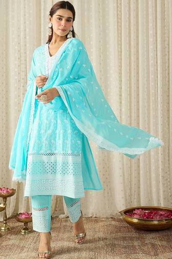 Women Ethnic Motifs Embroidered Regular Chikankari Pure Cotton Kurta with Trousers & With Dupatta