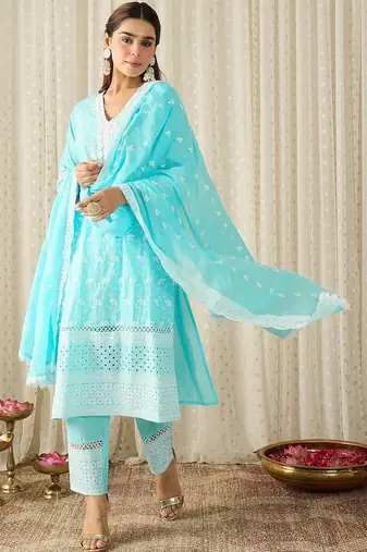 Women Ethnic Motifs Embroidered Regular Chikankari Pure Cotton Kurta with Trousers & With Dupatta