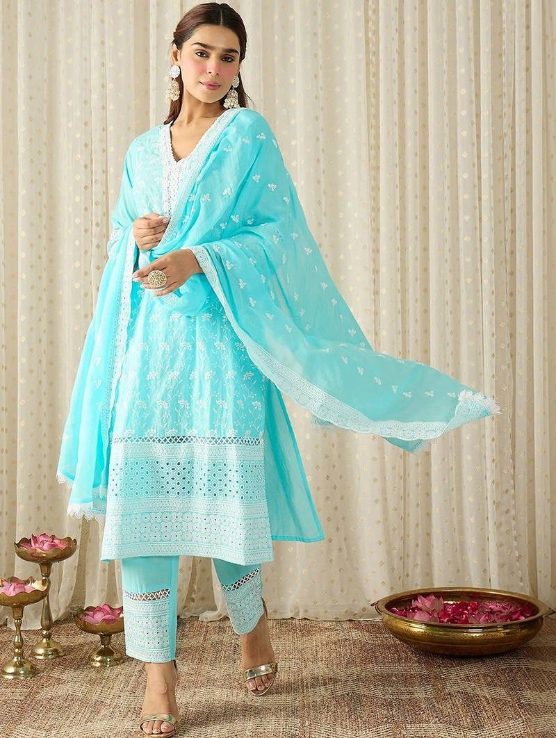 Women Ethnic Motifs Embroidered Regular Chikankari Pure Cotton Kurta with Trousers & With Dupatta