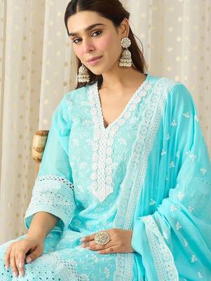 Women Ethnic Motifs Embroidered Regular Chikankari Pure Cotton Kurta with Trousers & With Dupatta 2