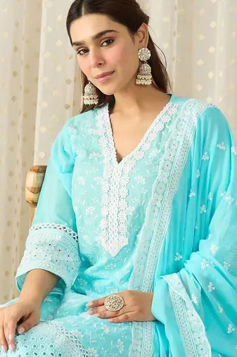Women Ethnic Motifs Embroidered Regular Chikankari Pure Cotton Kurta with Trousers & With Dupatta