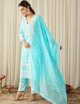 Women Ethnic Motifs Embroidered Regular Chikankari Pure Cotton Kurta with Trousers & With Dupatta 3