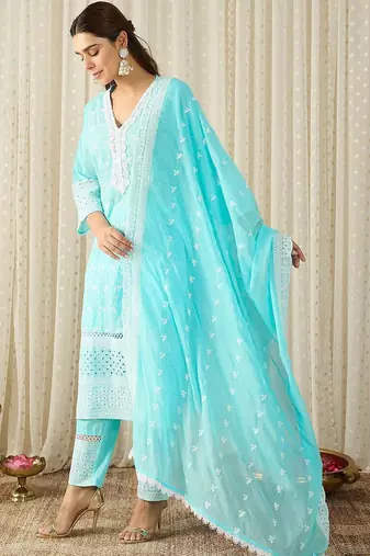 Women Ethnic Motifs Embroidered Regular Chikankari Pure Cotton Kurta with Trousers & With Dupatta