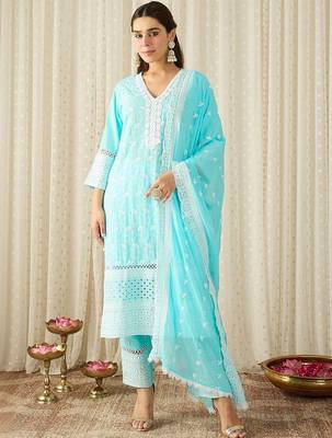 Women Ethnic Motifs Embroidered Regular Chikankari Pure Cotton Kurta with Trousers & With Dupatta 4