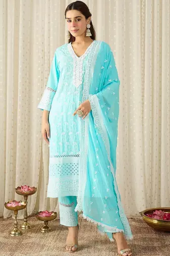 Women Ethnic Motifs Embroidered Regular Chikankari Pure Cotton Kurta with Trousers & With Dupatta