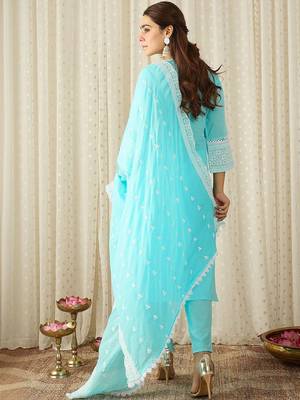 Women Ethnic Motifs Embroidered Regular Chikankari Pure Cotton Kurta with Trousers & With Dupatta 5