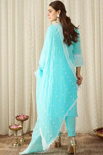Women Ethnic Motifs Embroidered Regular Chikankari Pure Cotton Kurta with Trousers & With Dupatta