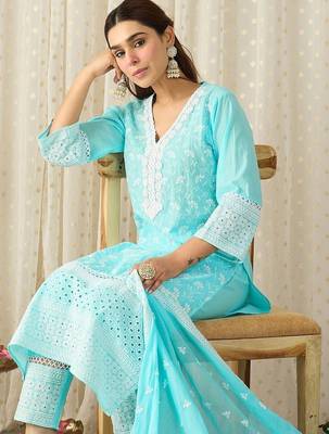 Women Ethnic Motifs Embroidered Regular Chikankari Pure Cotton Kurta with Trousers & With Dupatta 6