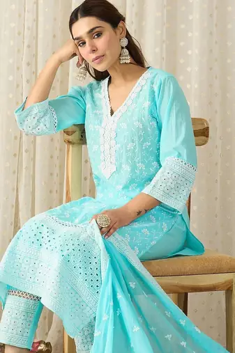 Women Ethnic Motifs Embroidered Regular Chikankari Pure Cotton Kurta with Trousers & With Dupatta