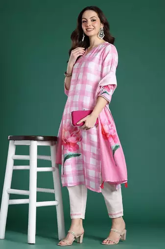 Floral Printed Beads and Stones Linen Kurta with Trousers & With Dupatta