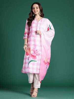Floral Printed Beads and Stones Linen Kurta with Trousers & With Dupatta 5