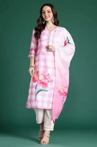 Floral Printed Beads and Stones Linen Kurta with Trousers & With Dupatta
