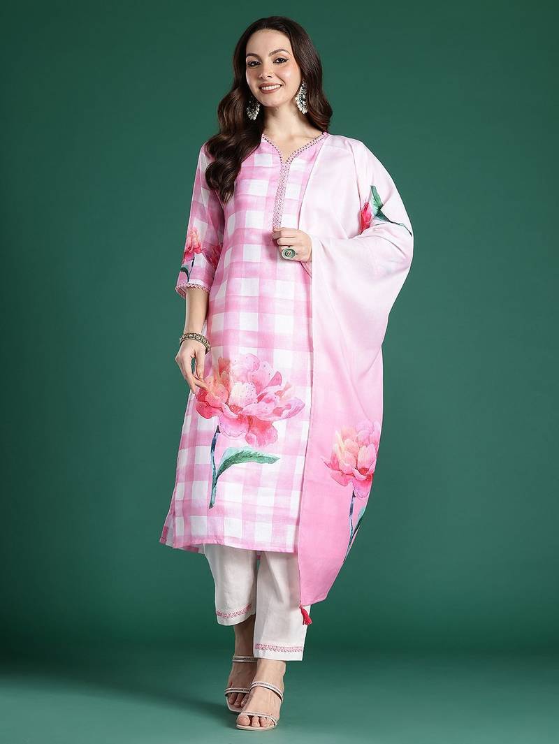 Floral Printed Beads and Stones Linen Kurta with Trousers & With Dupatta