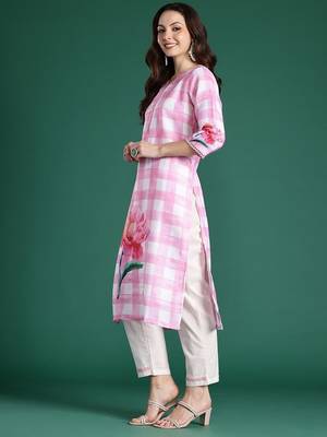 Floral Printed Beads and Stones Linen Kurta with Trousers & With Dupatta 6