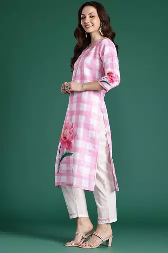 Floral Printed Beads and Stones Linen Kurta with Trousers & With Dupatta